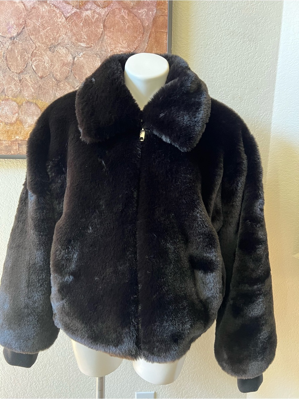 Anthropologie NEW nwt Lux Faux Fur Bomber Jacket - Black M Maeve